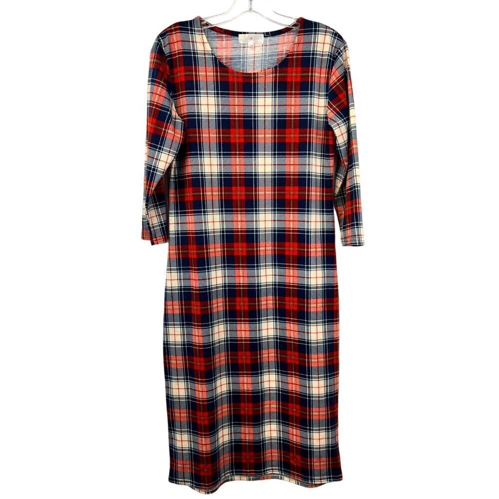Sign Here Womens 3/4 Sleeve Midi Shift Dress Multicolor Plaid Size M